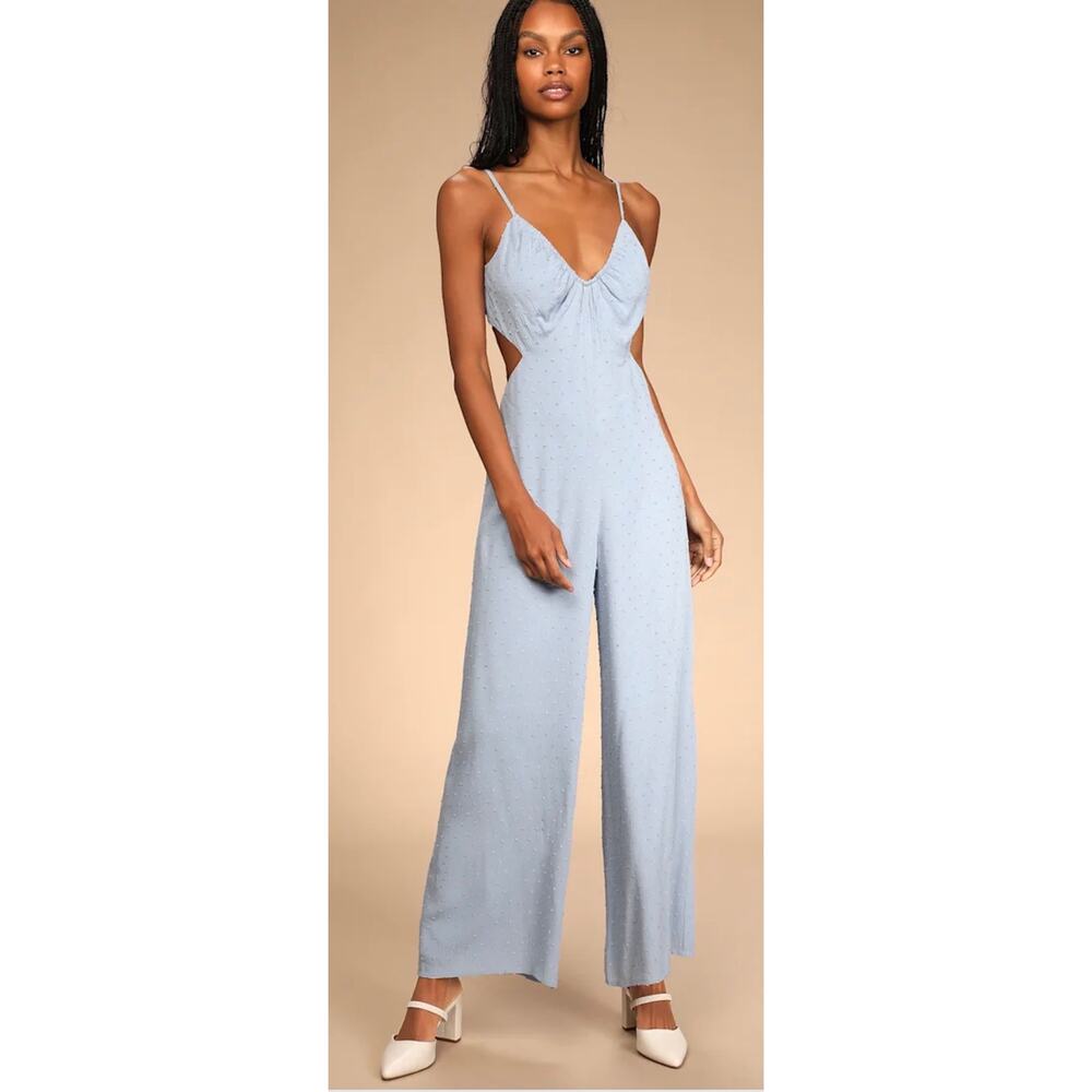Lulus Darling Ties Light Blue Swiss Dot Tie-Back Wide-Leg Jumpsuit Size M